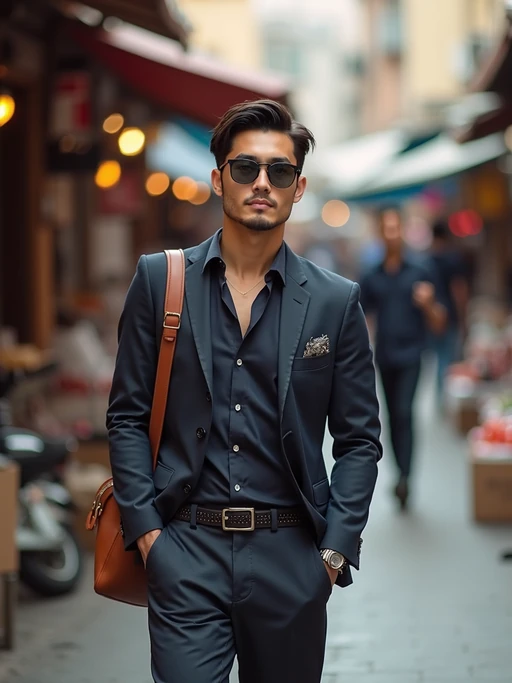 a stylish if(gender=m){masculine} if(gender=f){feminine} model exploring a street market
