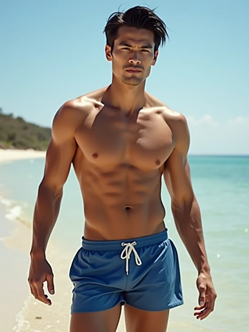 if(gender=m){masculine} if(gender=f){feminine} model in solid color if(gender=f){bikini} if(gender=m){swim shorts} on the beach, wet hair, swimsuit sports illustrated FHM maxim photos