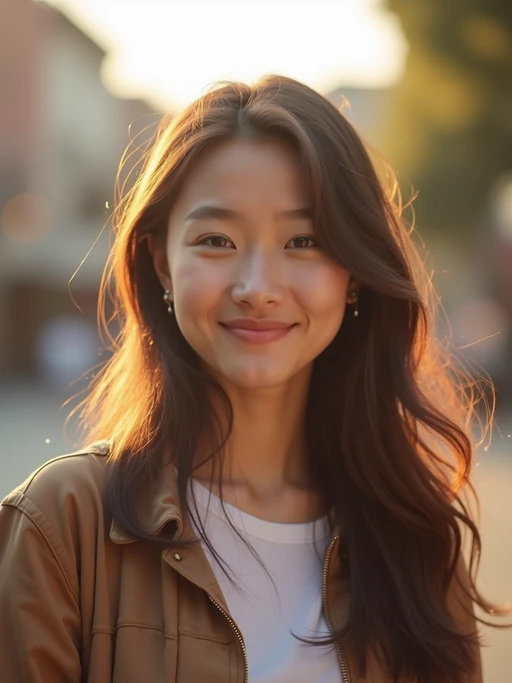 headshot of smiling model wearing casual clothes posing for dating app headshot. outdoor blurry background. the lighting is warm, possibly from a setting sun, creating a soft glow around him, enhancing the casual and relaxed vibe of the image. the setting seems to be outdoors, likely in an urban environment, with the blurred background hinting at a street or park-like area. this image likely portrays a youthful, active, and approachable individual, possibly in a lifestyle or fashion-related context.