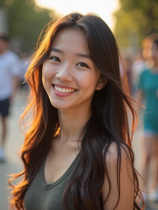 headshot of smiling model wearing casual clothes posing for dating app headshot. outdoor blurry background. the lighting is warm, possibly from a setting sun, creating a soft glow around him, enhancing the casual and relaxed vibe of the image. the setting seems to be outdoors, likely in an urban environment, with the blurred background hinting at a street or park-like area. this image likely portrays a youthful, active, and approachable individual, possibly in a lifestyle or fashion-related context.