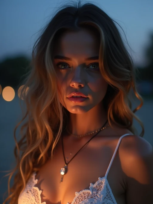 model with enticing gaze, adorned with if(gender=f){a delicate lace outfit} if(gender=m){sharp, stylish suit} against a twilight backdrop