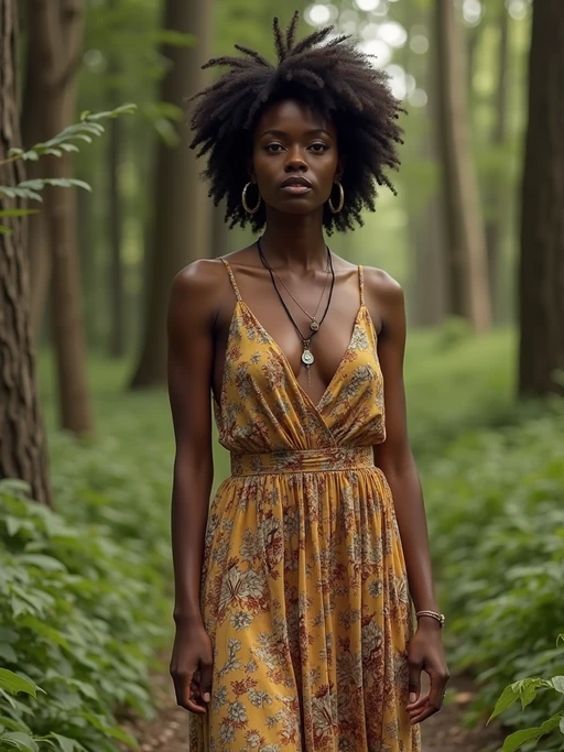 model with enticing allure in if(gender=f){flowy bohemian dress} if(gender=m){rugged outdoor outfit} in a serene forest setting