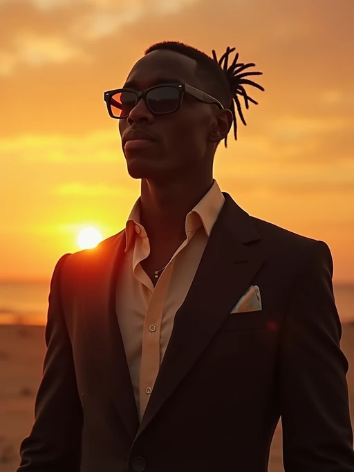 model in if(gender=f){sophisticated evening wear} if(gender=m){dapper suit}, radiating allure under the soft glow of a sunset
