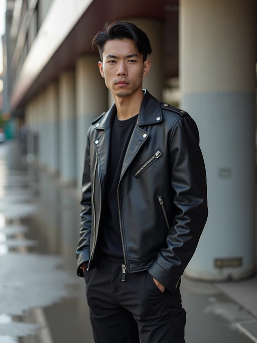 model in if(gender=f){daring, edgy ensemble} if(gender=m){modern, fashionable attire} against an edgy urban backdrop