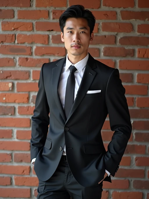 (full-body shot) of model in if(gender=f){bold, fitted dress} if(gender=m){sharp, tailored suit} against a classic brick wall background
