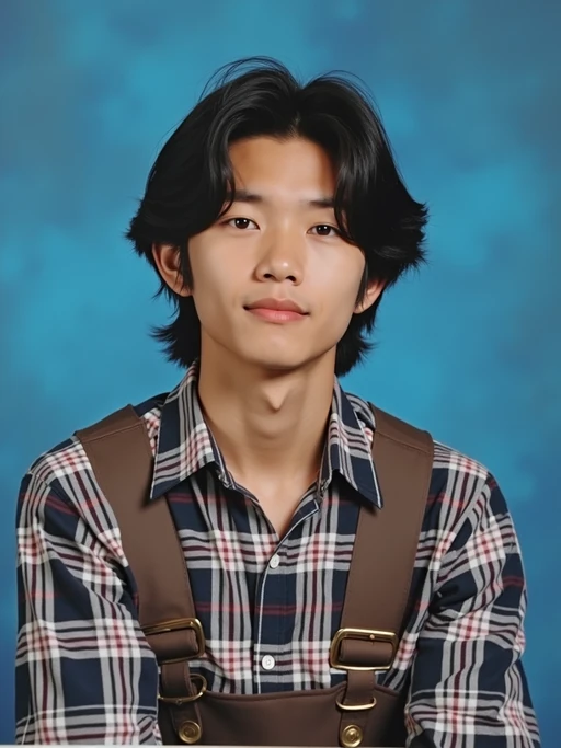 (school portrait) photo headshot of a young 18 y o model in 1990s style, nineties style, 90s, 1990s fashion, 1990s hair, school, model is sitting and posing for a (yearbook) picture, blue yearbook background, official school yearbook photo, model sitting (looking straight into camera), (school shoot), (inside), blue yearbook background