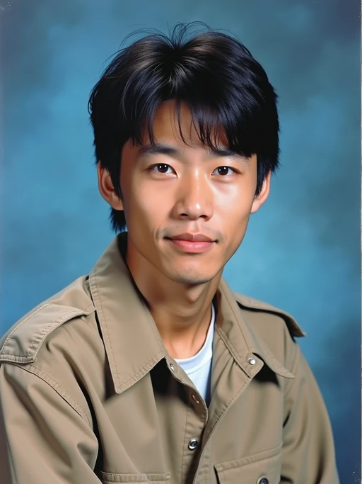 (school portrait) photo headshot of a young 18 y o model in 1990s style, nineties style, 90s, 1990s fashion, 1990s hair, school, model is sitting and posing for a (yearbook) picture, blue yearbook background, official school yearbook photo, model sitting (looking straight into camera), (school shoot), (inside), blue yearbook background
