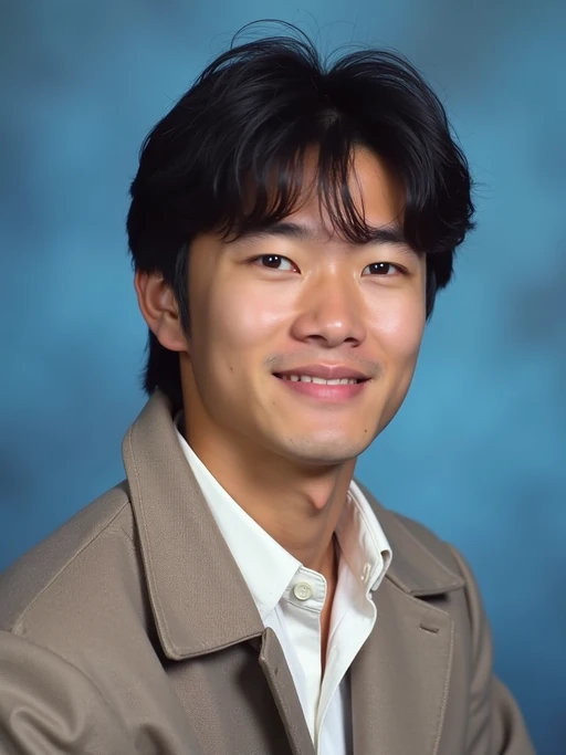(school portrait) photo headshot of a young 18 y o model in 1990s style, nineties style, 90s, 1990s fashion, 1990s hair, school, model is sitting and posing for a (yearbook) picture, blue yearbook background, official school yearbook photo, model sitting (looking straight into camera), (school shoot), (inside), blue yearbook background