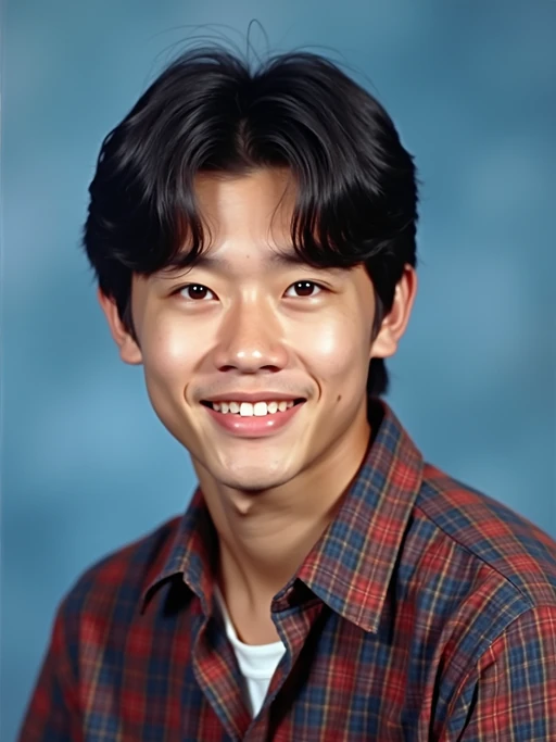 (school portrait) photo headshot of a young 18 y o model in 1990s style, nineties style, 90s, 1990s fashion, 1990s hair, school, model is sitting and posing for a (yearbook) picture, blue yearbook background, official school yearbook photo, model sitting (looking straight into camera), (school shoot), (inside), blue yearbook background