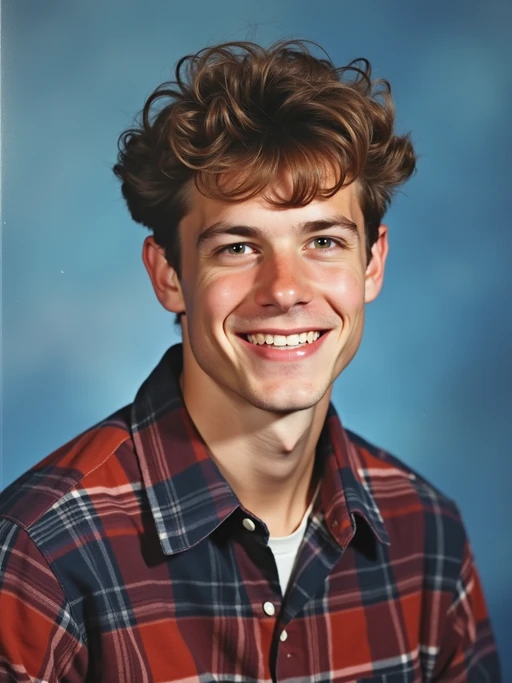 (school portrait) photo headshot of a young 18 y o model in 1990s style, nineties style, 90s, 1990s fashion, 1990s hair, school, model is sitting and posing for a (yearbook) picture, blue yearbook background, official school yearbook photo, model sitting (looking straight into camera), (school shoot), (inside), blue yearbook background