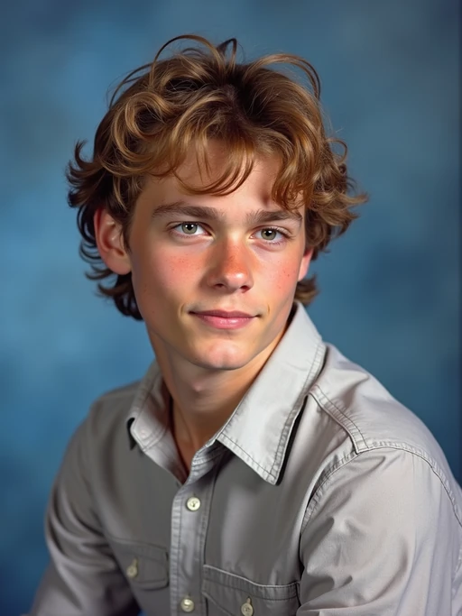 (school portrait) photo headshot of a young 18 y o model in 1990s style, nineties style, 90s, 1990s fashion, 1990s hair, school, model is sitting and posing for a (yearbook) picture, blue yearbook background, official school yearbook photo, model sitting (looking straight into camera), (school shoot), (inside), blue yearbook background
