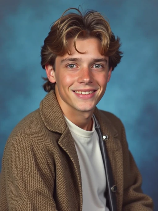 (school portrait) photo headshot of a young 18 y o model in 1990s style, nineties style, 90s, 1990s fashion, 1990s hair, school, model is sitting and posing for a (yearbook) picture, blue yearbook background, official school yearbook photo, model sitting (looking straight into camera), (school shoot), (inside), blue yearbook background