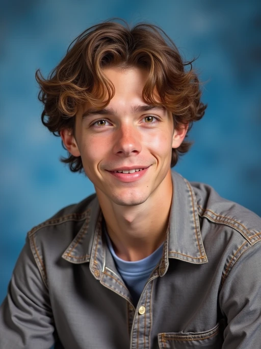 (school portrait) photo headshot of a young 18 y o model in 1990s style, nineties style, 90s, 1990s fashion, 1990s hair, school, model is sitting and posing for a (yearbook) picture, blue yearbook background, official school yearbook photo, model sitting (looking straight into camera), (school shoot), (inside), blue yearbook background