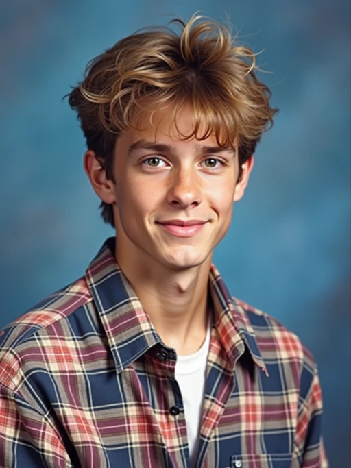 (school portrait) photo headshot of a young 18 y o model in 1990s style, nineties style, 90s, 1990s fashion, 1990s hair, school, model is sitting and posing for a (yearbook) picture, blue yearbook background, official school yearbook photo, model sitting (looking straight into camera), (school shoot), (inside), blue yearbook background
