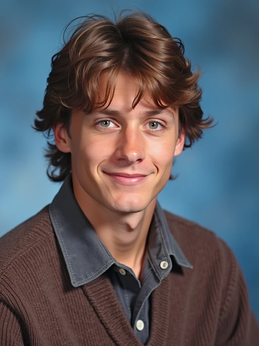 (school portrait) photo headshot of a young 18 y o model in 1990s style, nineties style, 90s, 1990s fashion, 1990s hair, school, model is sitting and posing for a (yearbook) picture, blue yearbook background, official school yearbook photo, model sitting (looking straight into camera), (school shoot), (inside), blue yearbook background