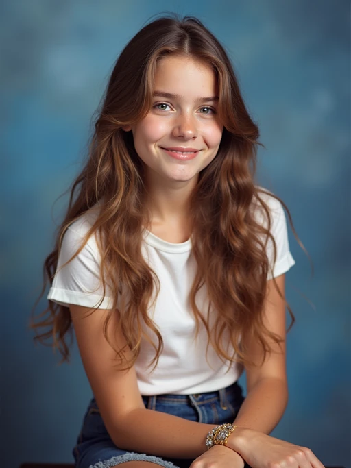 (school portrait) photo headshot of a young 18 y o model in 1990s style, nineties style, 90s, 1990s fashion, 1990s hair, school, model is sitting and posing for a (yearbook) picture, blue yearbook background, official school yearbook photo, model sitting (looking straight into camera), (school shoot), (inside), blue yearbook background
