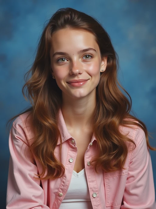 (school portrait) photo headshot of a young 18 y o model in 1990s style, nineties style, 90s, 1990s fashion, 1990s hair, school, model is sitting and posing for a (yearbook) picture, blue yearbook background, official school yearbook photo, model sitting (looking straight into camera), (school shoot), (inside), blue yearbook background