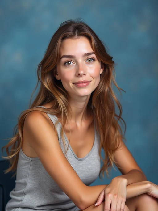 (school portrait) photo headshot of a young 18 y o model in 1990s style, nineties style, 90s, 1990s fashion, 1990s hair, school, model is sitting and posing for a (yearbook) picture, blue yearbook background, official school yearbook photo, model sitting (looking straight into camera), (school shoot), (inside), blue yearbook background