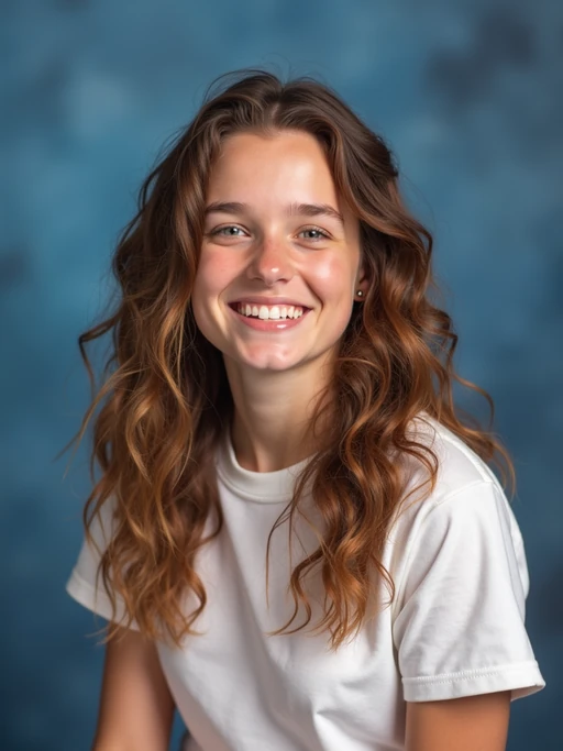 (school portrait) photo headshot of a young 18 y o model in 1990s style, nineties style, 90s, 1990s fashion, 1990s hair, school, model is sitting and posing for a (yearbook) picture, blue yearbook background, official school yearbook photo, model sitting (looking straight into camera), (school shoot), (inside), blue yearbook background
