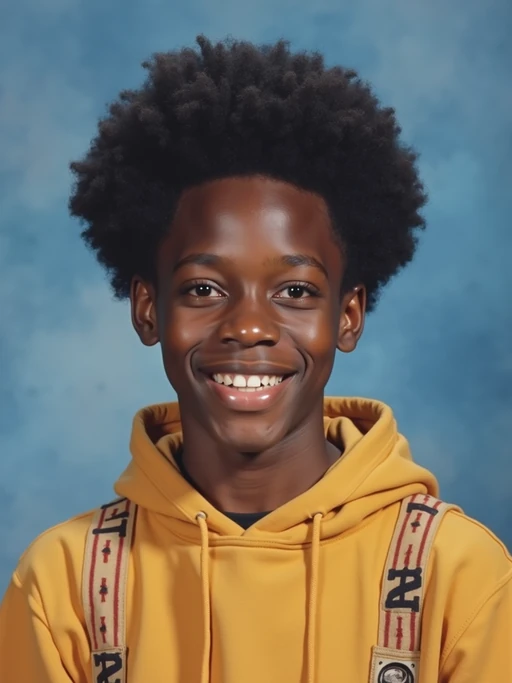 (school portrait) photo headshot of a young 18 y o model in 1990s style, nineties style, 90s, 1990s fashion, 1990s hair, school, model is sitting and posing for a (yearbook) picture, blue yearbook background, official school yearbook photo, model sitting (looking straight into camera), (school shoot), (inside), blue yearbook background