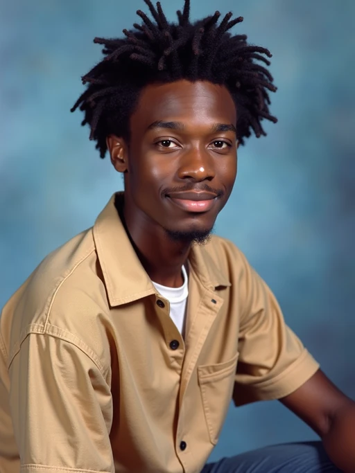 (school portrait) photo headshot of a young 18 y o model in 1990s style, nineties style, 90s, 1990s fashion, 1990s hair, school, model is sitting and posing for a (yearbook) picture, blue yearbook background, official school yearbook photo, model sitting (looking straight into camera), (school shoot), (inside), blue yearbook background