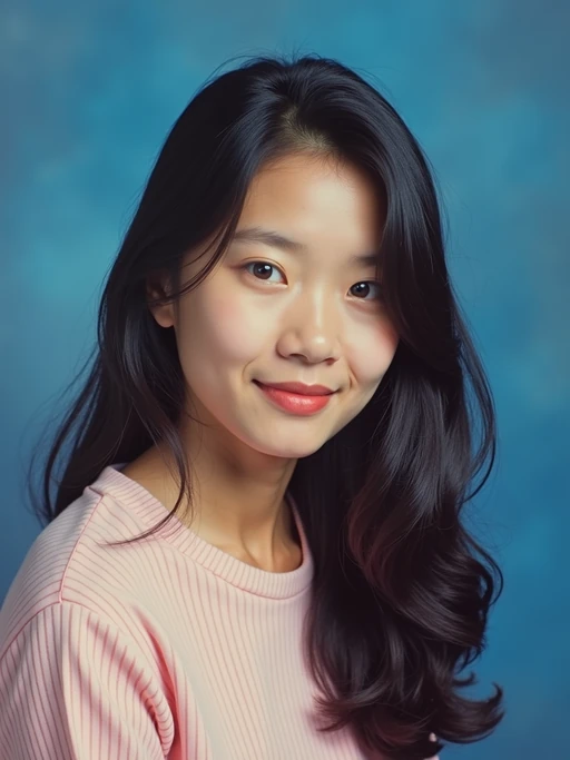 (school portrait) photo headshot of a young 18 y o model in 1990s style, nineties style, 90s, 1990s fashion, 1990s hair, school, model is sitting and posing for a (yearbook) picture, blue yearbook background, official school yearbook photo, model sitting (looking straight into camera), (school shoot), (inside), blue yearbook background
