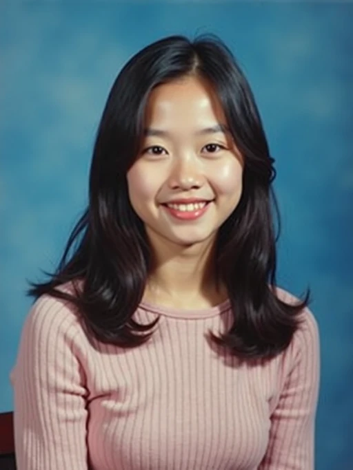 (school portrait) photo headshot of a young 18 y o model in 1990s style, nineties style, 90s, 1990s fashion, 1990s hair, school, model is sitting and posing for a (yearbook) picture, blue yearbook background, official school yearbook photo, model sitting (looking straight into camera), (school shoot), (inside), blue yearbook background