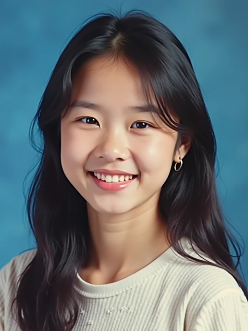 (school portrait) photo headshot of a young 18 y o model in 1990s style, nineties style, 90s, 1990s fashion, 1990s hair, school, model is sitting and posing for a (yearbook) picture, blue yearbook background, official school yearbook photo, model sitting (looking straight into camera), (school shoot), (inside), blue yearbook background