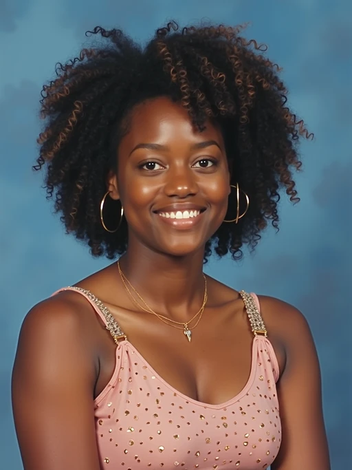 (school portrait) photo headshot of a young 18 y o model in 1990s style, nineties style, 90s, 1990s fashion, 1990s hair, school, model is sitting and posing for a (yearbook) picture, blue yearbook background, official school yearbook photo, model sitting (looking straight into camera), (school shoot), (inside), blue yearbook background