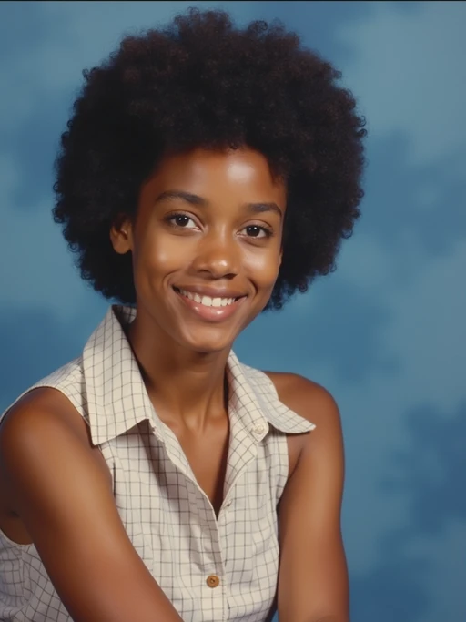 (school portrait) photo headshot of a young 18 y o model in 1990s style, nineties style, 90s, 1990s fashion, 1990s hair, school, model is sitting and posing for a (yearbook) picture, blue yearbook background, official school yearbook photo, model sitting (looking straight into camera), (school shoot), (inside), blue yearbook background
