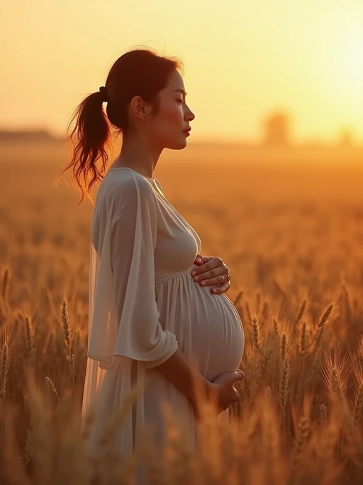 healthy pregnant model in maternity photographs, beautiful pregnant model, maternity photography in field of wheat. golden hour