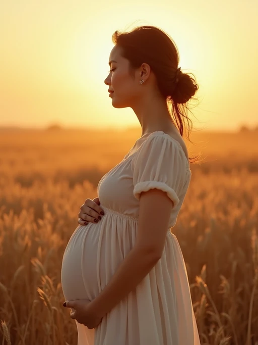 healthy pregnant model in maternity photographs, beautiful pregnant model, maternity photography in field of wheat. golden hour