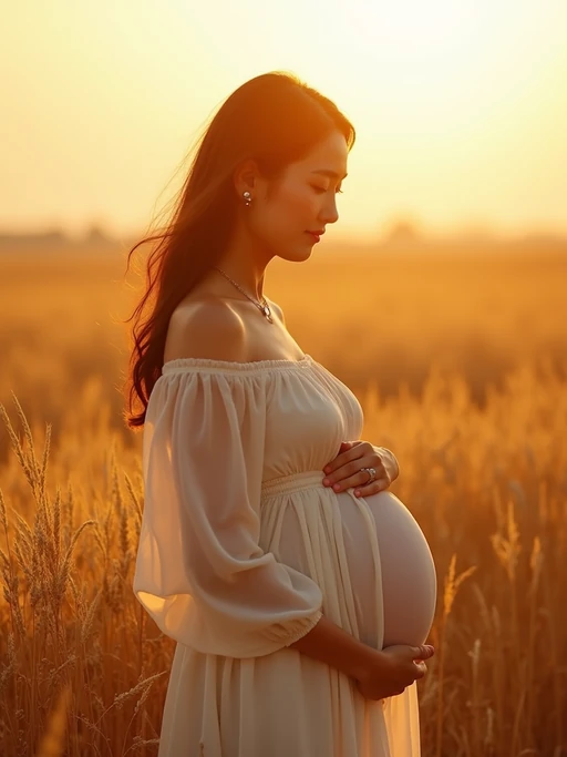 healthy pregnant model in maternity photographs, beautiful pregnant model, maternity photography in field of wheat. golden hour