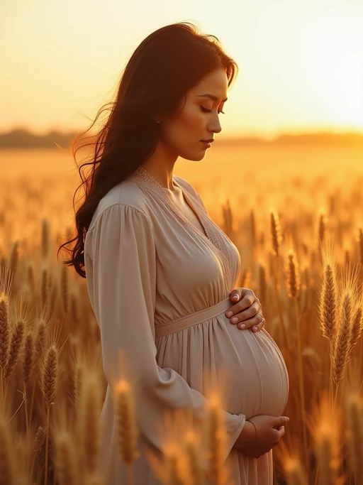 healthy pregnant model in maternity photographs, beautiful pregnant model, maternity photography in field of wheat. golden hour