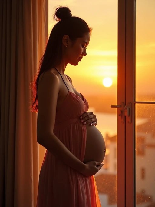 healthy pregnant model in maternity photographs, beautiful pregnant model, maternity photography in beautiful home. golden hour