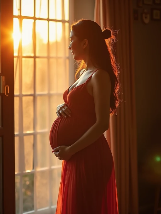healthy pregnant model in maternity photographs, beautiful pregnant model, maternity photography in beautiful home. golden hour