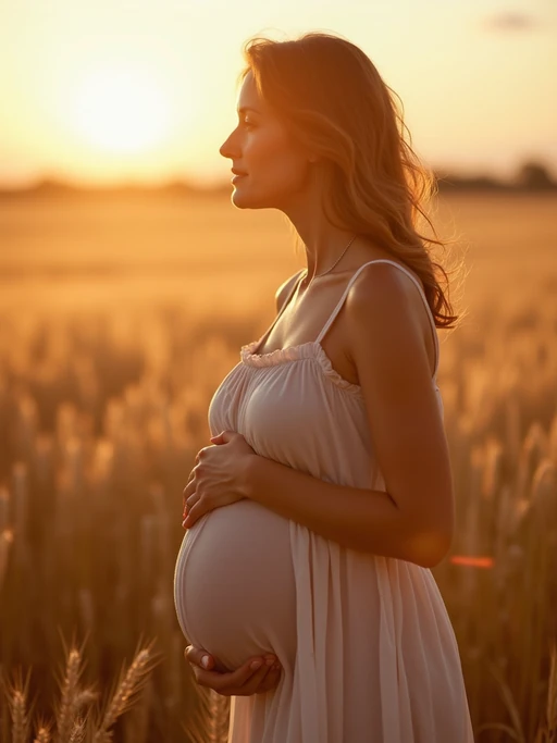 healthy pregnant model in maternity photographs, beautiful pregnant model, maternity photography in field of wheat. golden hour