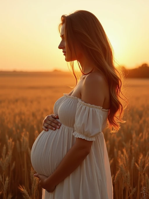 healthy pregnant model in maternity photographs, beautiful pregnant model, maternity photography in field of wheat. golden hour