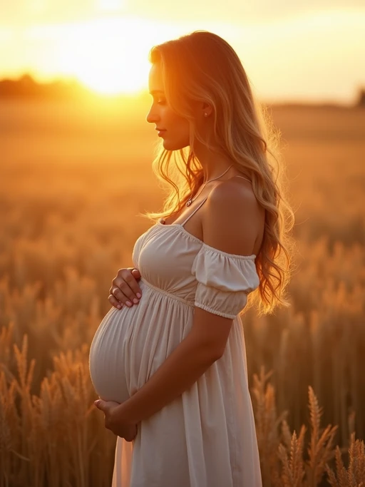 healthy pregnant model in maternity photographs, beautiful pregnant model, maternity photography in field of wheat. golden hour