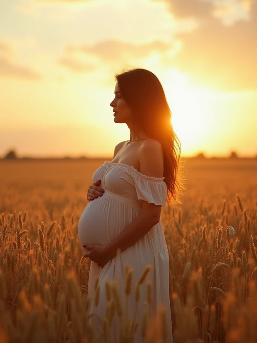 healthy pregnant model in maternity photographs, beautiful pregnant model, maternity photography in field of wheat. golden hour