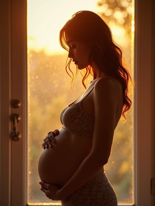 healthy pregnant model in maternity photographs, beautiful pregnant model, maternity photography in beautiful home. golden hour
