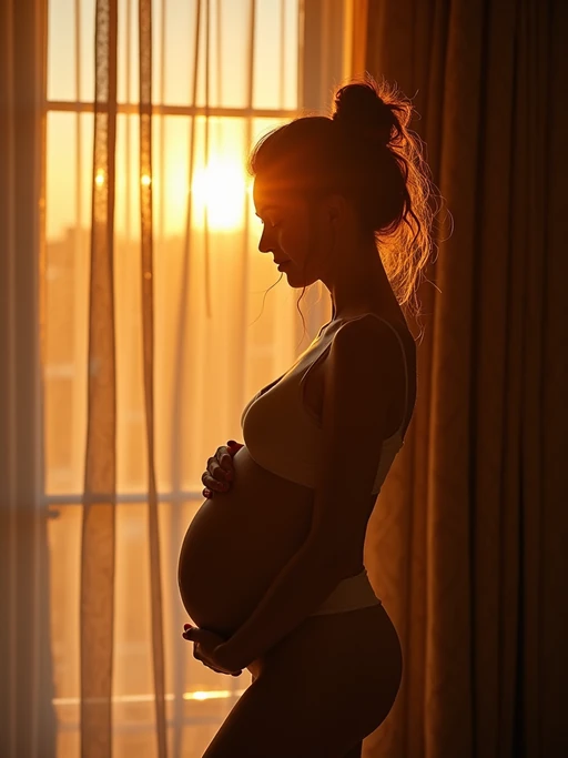 healthy pregnant model in maternity photographs, beautiful pregnant model, maternity photography in beautiful home. golden hour