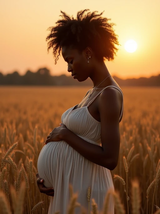 healthy pregnant model in maternity photographs, beautiful pregnant model, maternity photography in field of wheat. golden hour