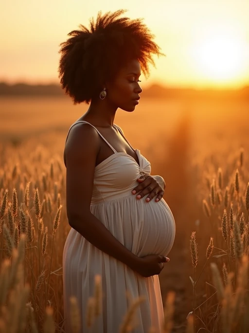 healthy pregnant model in maternity photographs, beautiful pregnant model, maternity photography in field of wheat. golden hour
