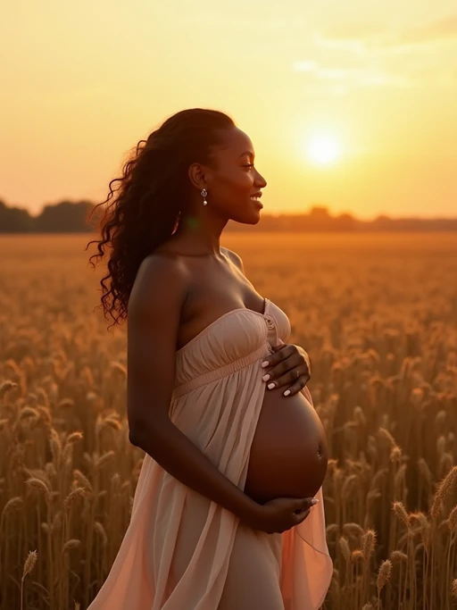healthy pregnant model in maternity photographs, beautiful pregnant model, maternity photography in field of wheat. golden hour