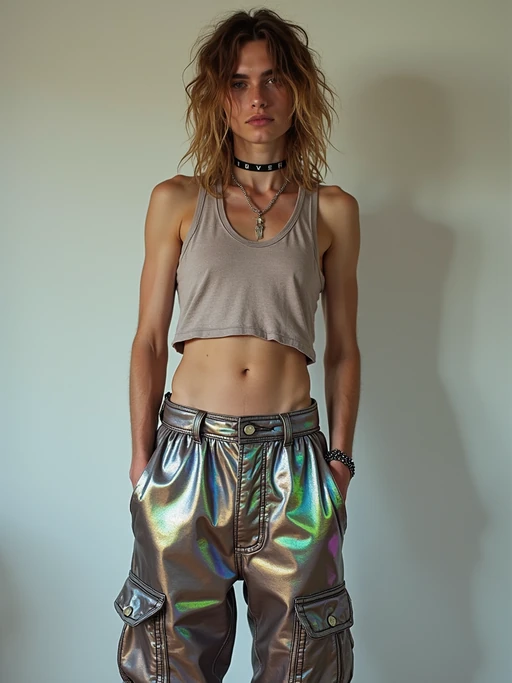 model wearing Y2K aesthetic, 2000s fashion, aughts style, noughties style, grunge or 2000s style, oversized washed out style, baggy pants, low rise pants or cargo pants, crop top, Choker, Metallic, iridescent fabrics, posing for photo