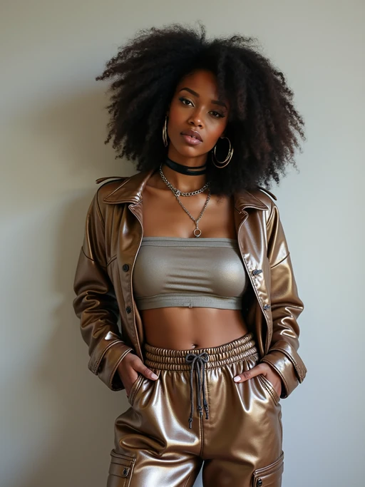 model wearing Y2K aesthetic, 2000s fashion, aughts style, noughties style, grunge or 2000s style, oversized washed out style, baggy pants, low rise pants or cargo pants, crop top, Choker, Metallic, iridescent fabrics, posing for photo