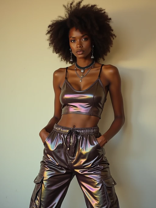 model wearing Y2K aesthetic, 2000s fashion, aughts style, noughties style, grunge or 2000s style, oversized washed out style, baggy pants, low rise pants or cargo pants, crop top, Choker, Metallic, iridescent fabrics, posing for photo