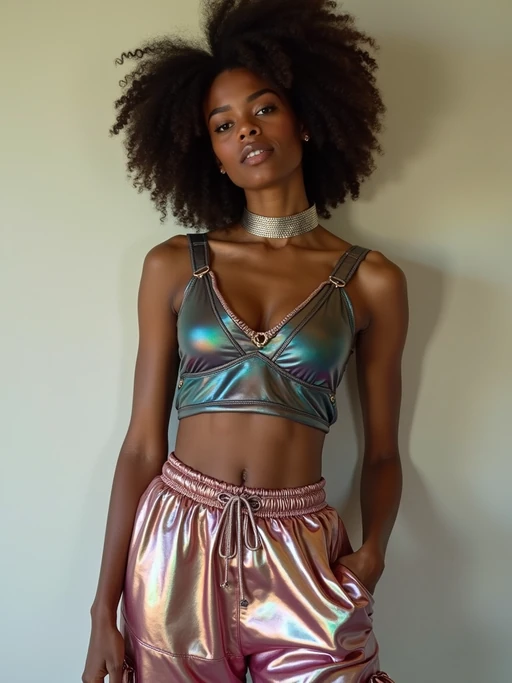 model wearing Y2K aesthetic, 2000s fashion, aughts style, noughties style, grunge or 2000s style, oversized washed out style, baggy pants, low rise pants or cargo pants, crop top, Choker, Metallic, iridescent fabrics, posing for photo
