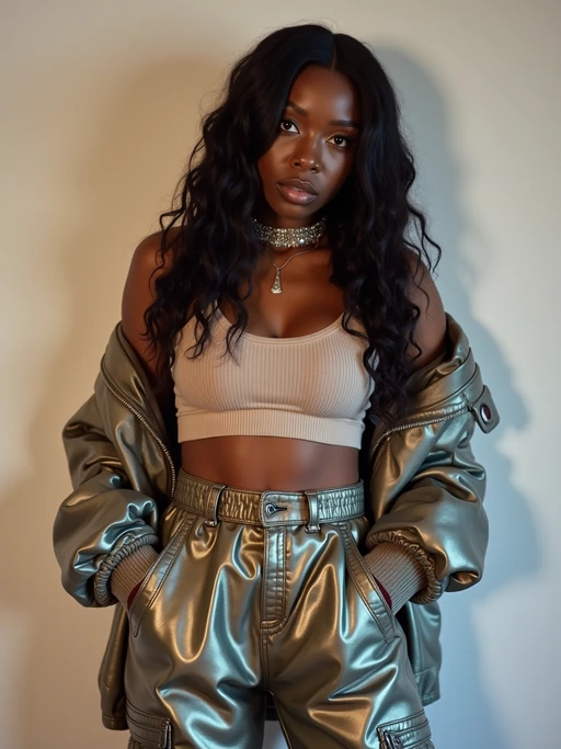 model wearing Y2K aesthetic, 2000s fashion, aughts style, noughties style, grunge or 2000s style, oversized washed out style, baggy pants, low rise pants or cargo pants, crop top, Choker, Metallic, iridescent fabrics, posing for photo